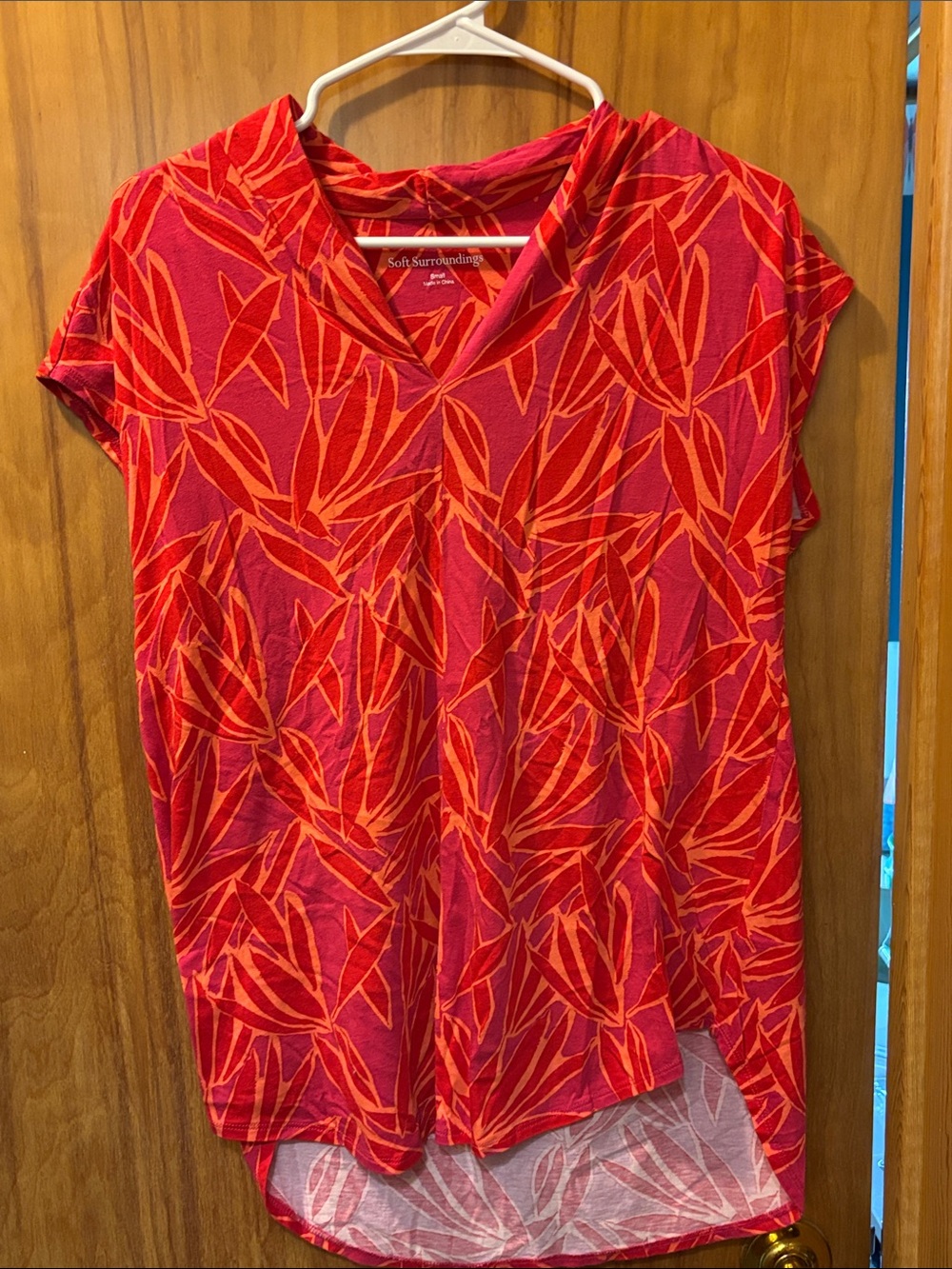 Soft Surroundings Red and Orange Leaf-Print V-Neck Tunic